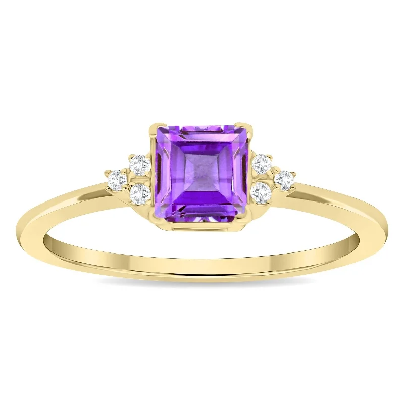 Sapphire Gemstone Rings in 18K White Gold with Diamond Accents for an Elegant EngagementWomen's Square Shaped Amethyst and Diamond Half Moon Ring in 10K Yellow Gold