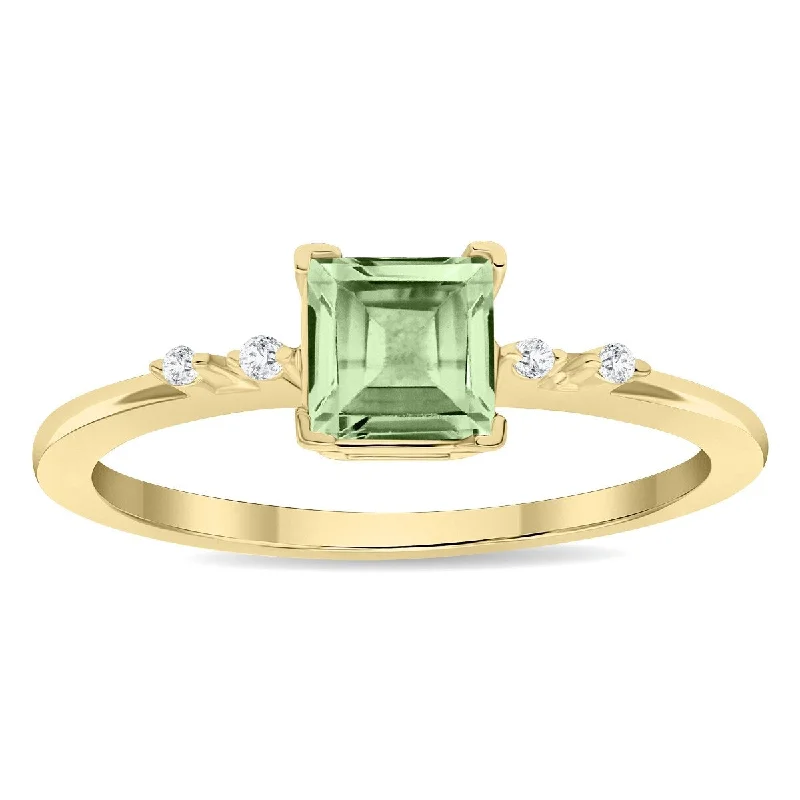 Emerald Gemstone Rings Set in Platinum with Filigree Work for a Vintage - Inspired LookWomen's Square Shaped Green Amethyst and Diamond Sparkle Ring in 10K Yellow Gold