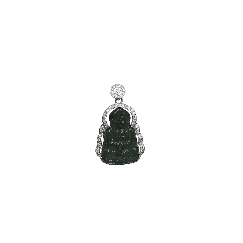 Magnetic - Closure Pendant Necklace with a Hidden Compartment for Secret KeepersCubic Zirconia Dark Green Guanyin Pendant (Silver)